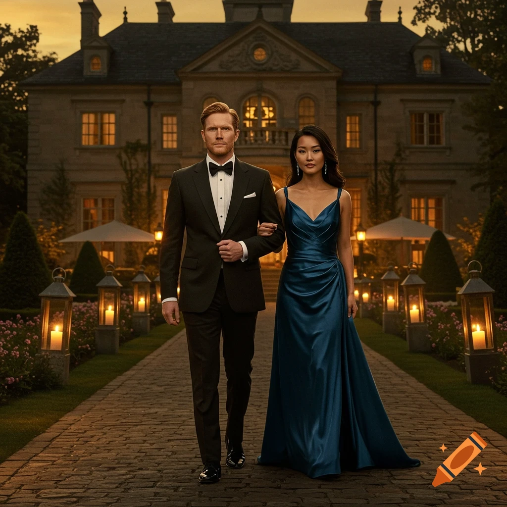 A man in a tuxedo and a woman in a blue gown walk arm-in-arm on a lantern-lit path in front of a grand mansion at dusk.