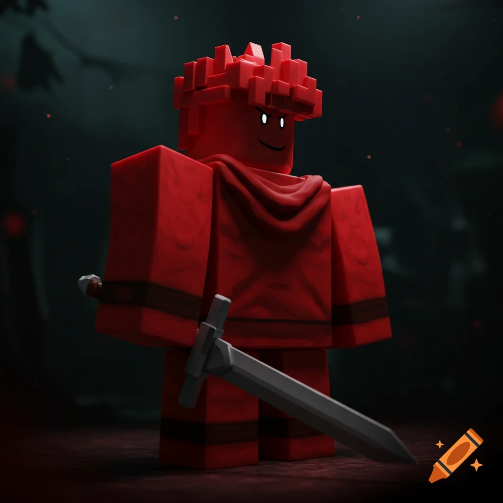 A red Roblox-style character with a blocky body, wearing a crown and cape, holding a sword against a dark background.