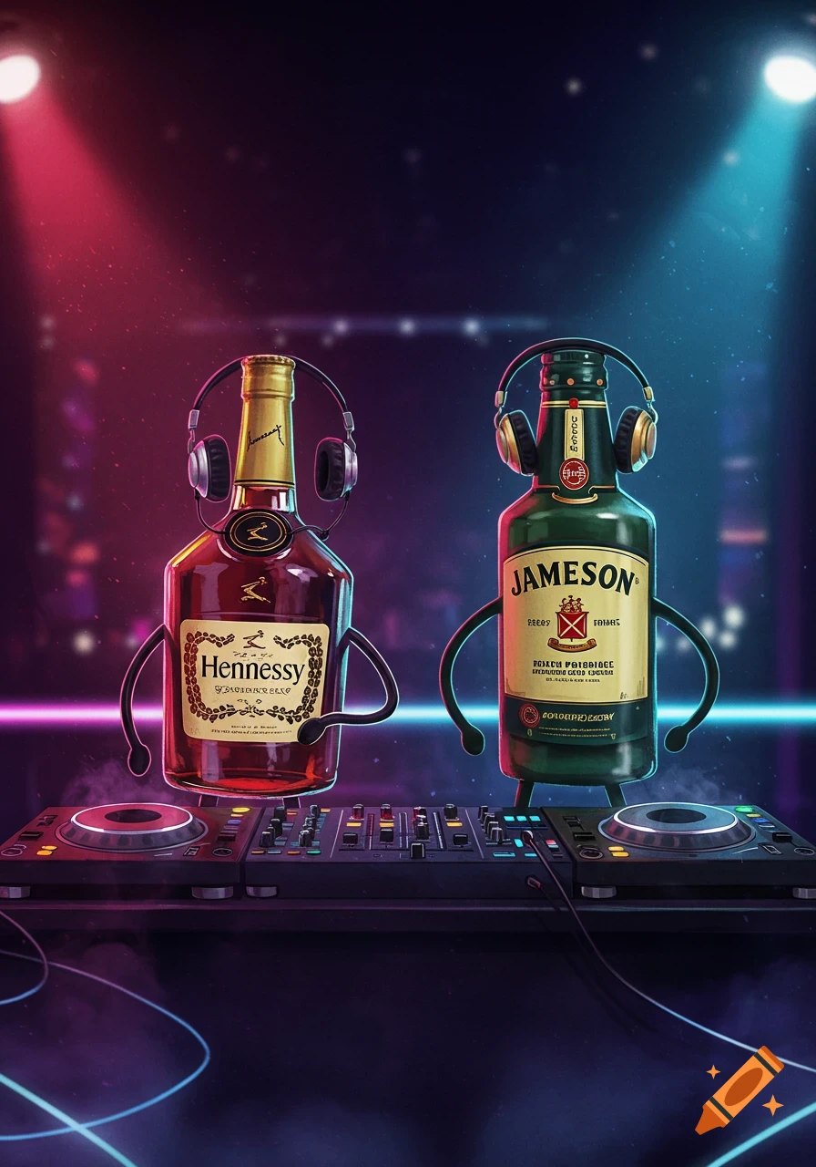Two animated Hennessy and Jameson liquor bottles with arms and headphones DJing on turntables under club lights.