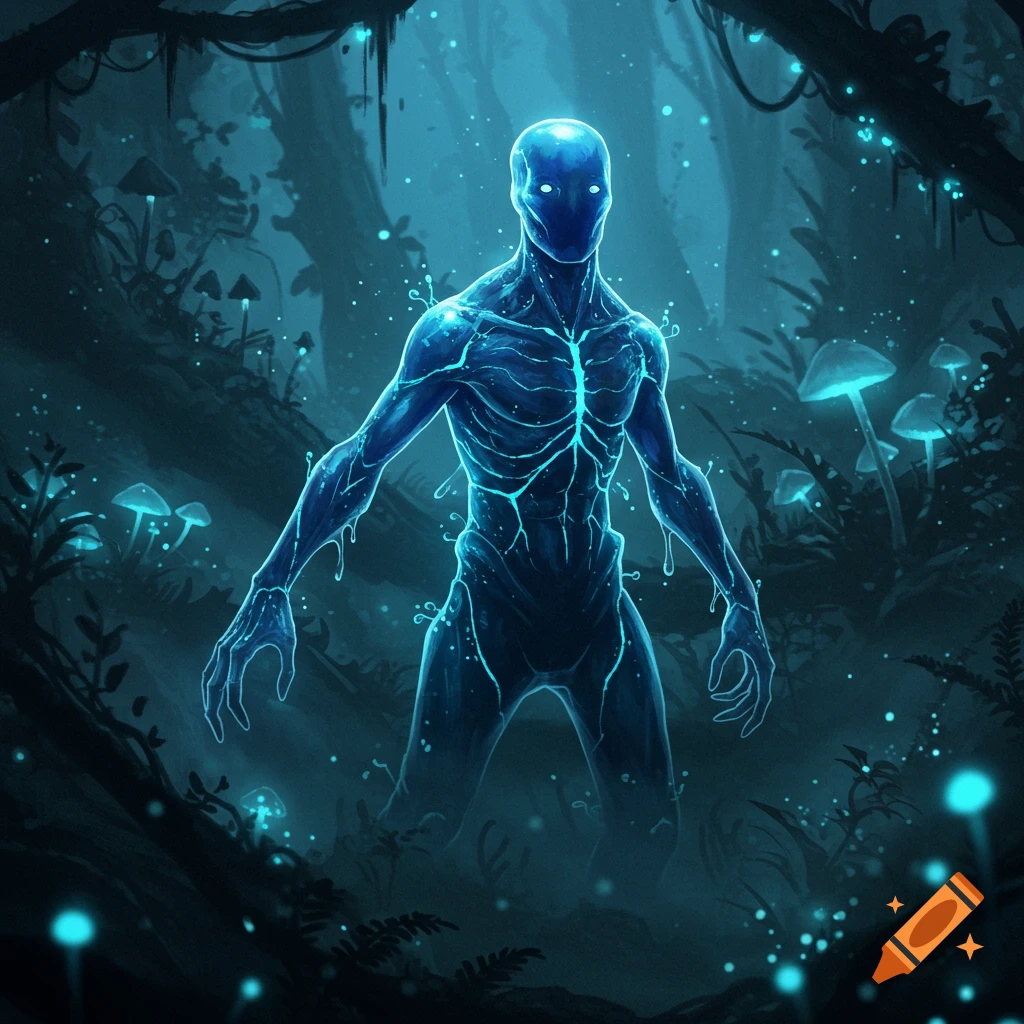A glowing blue plasmoid creature stands in a dark, mystical forest with luminous mushrooms and glowing particles, digital art.
