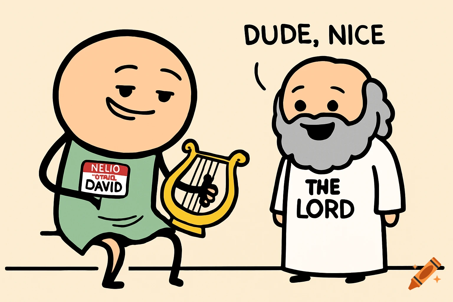 Cartoon drawing of King David playing a lyre for God, who says 'Dude, nice' and wears a robe labeled 'The Lord'.