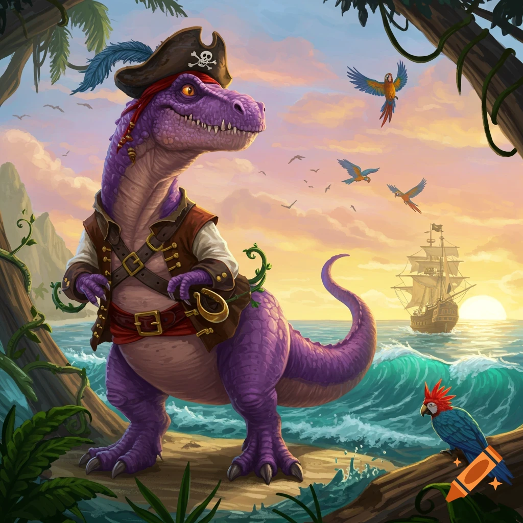 A purple pirate dinosaur stands on a tropical beach at sunset, with a pirate ship and parrots. Vibrant digital art.