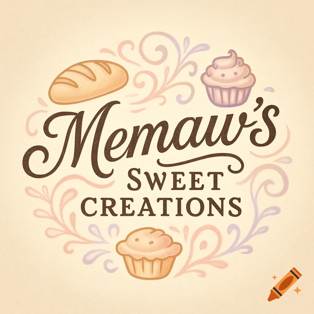 A bakery logo with "Memaw's Sweet Creations" text, a bread loaf, and two cupcakes, surrounded by decorative swirls on a beige background.