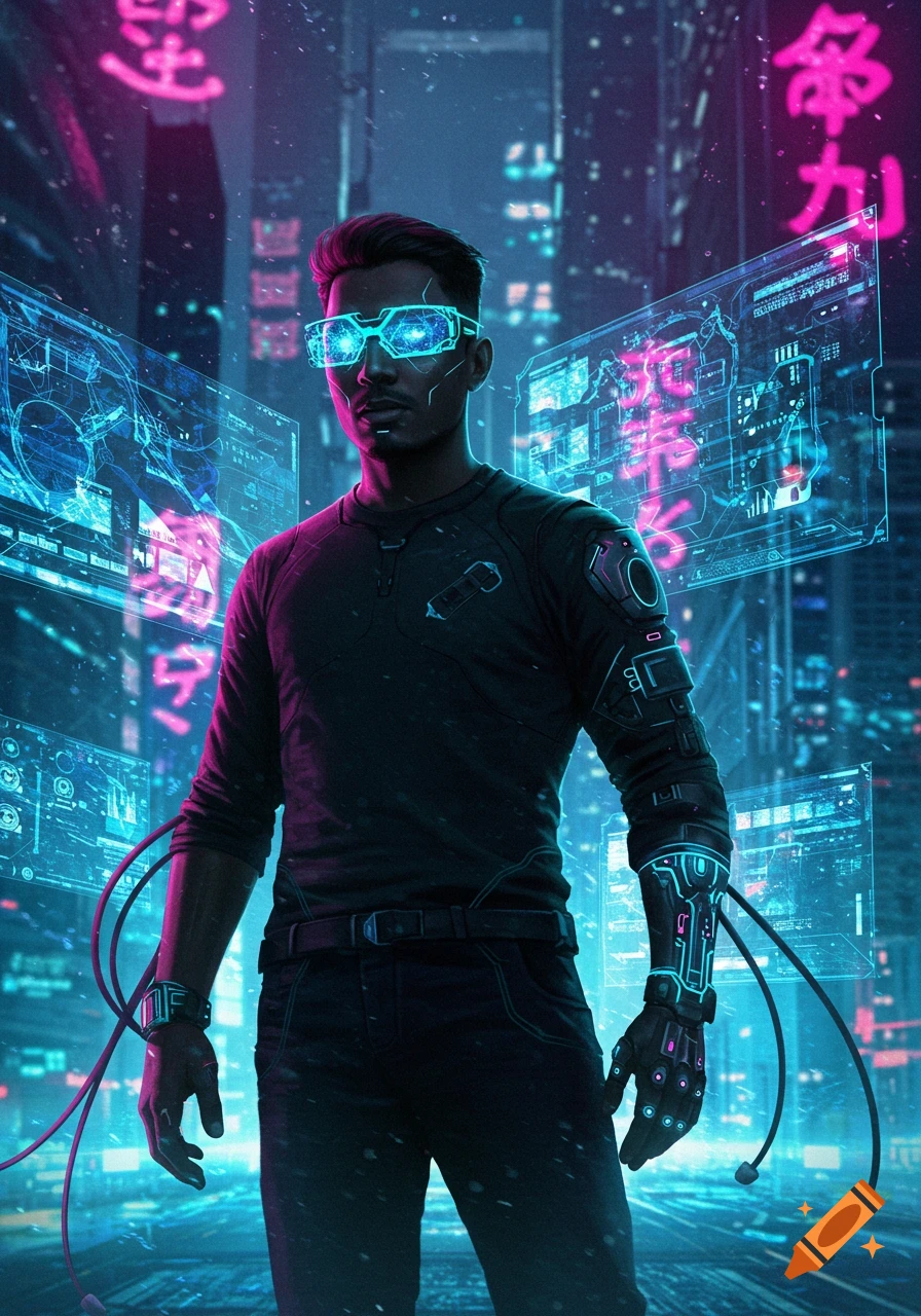 A man wearing glowing cybernetic glasses and an armored arm stands in a neon-lit cyberpunk city with holographic interfaces.