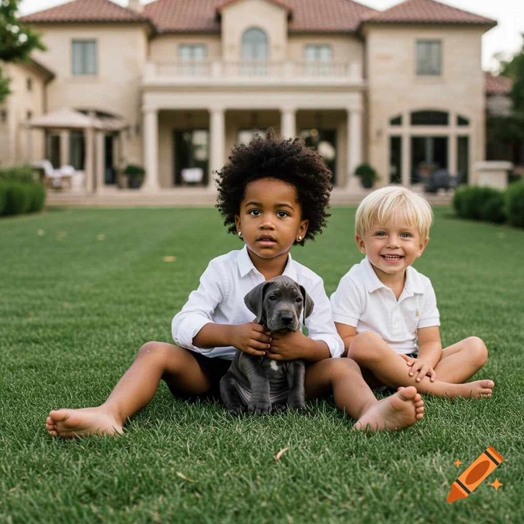 Two young boys, one with an afro holding a puppy, and another blonde boy smiling, sit barefoot on a green lawn in front of a large mansion.