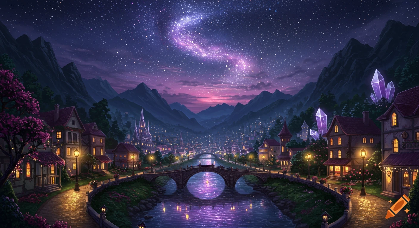 A magical city at night, nestled in a mountain valley under a starry sky with a river reflecting the starlight, stone bridges, and glowing buildings.