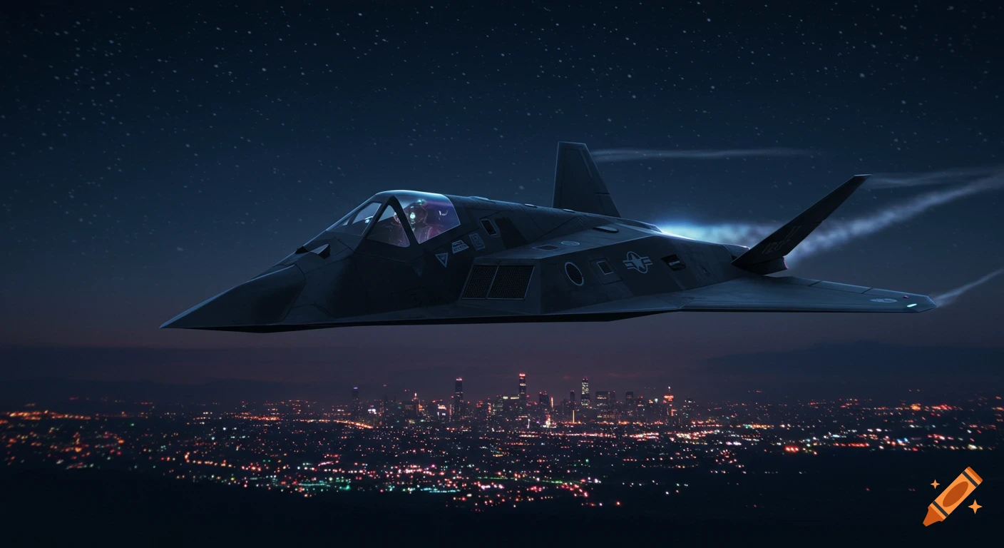 A dark stealth fighter jet with a single pilot flies over a brightly lit city skyline at night, with stars visible in the sky.