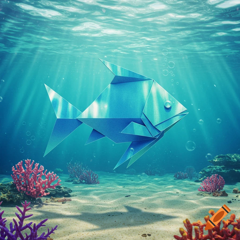 A blue origami fish swims in clear blue water with sunlight rays, coral, and sand visible below.