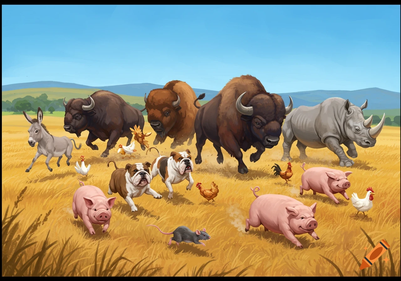 Illustrated scene of bison, a rhino, donkeys, pigs, bulldogs, chickens, and a rat running across a golden field.
