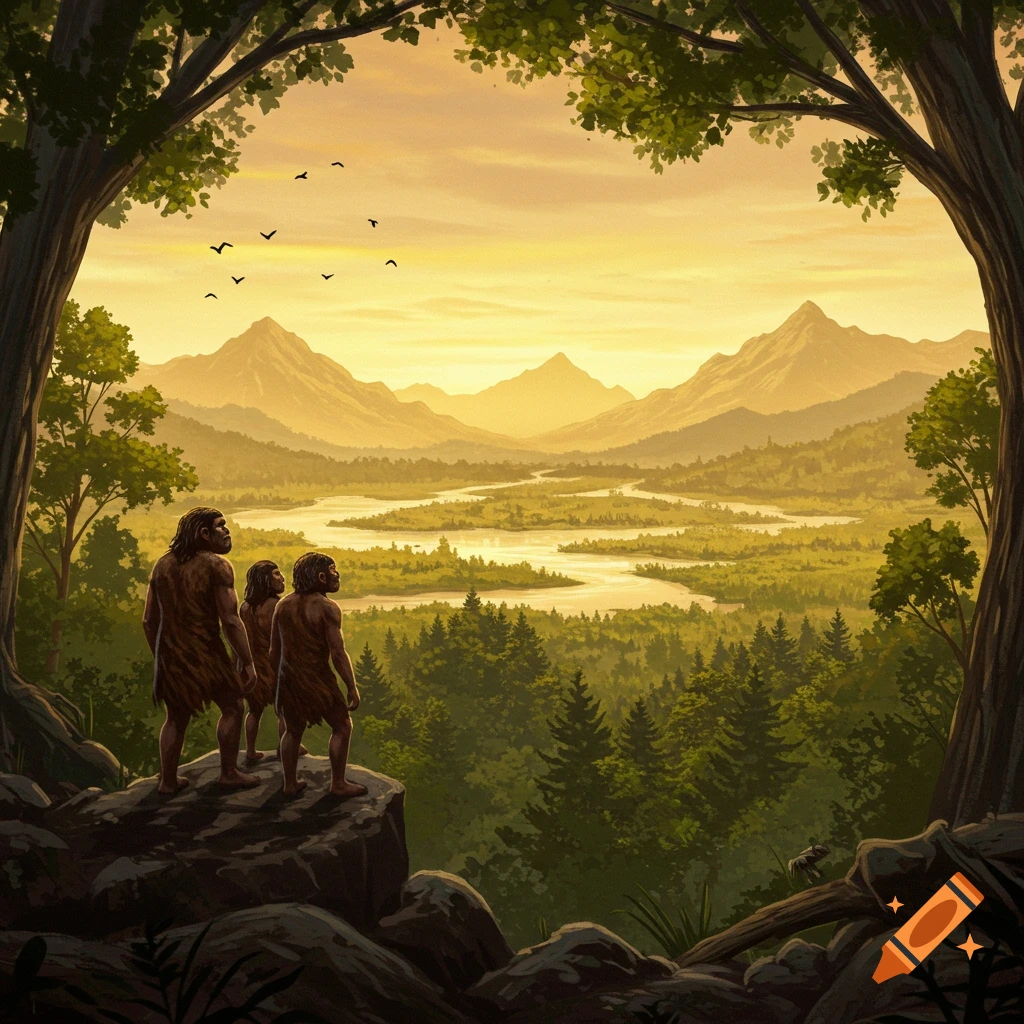 Three early humans look out from a rocky cliff over a vast, forested valley with a winding river and mountains under a golden sky.