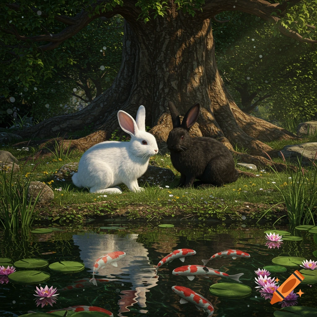 A photorealistic image of a white bunny and a black bunny sitting by a pond with koi fish and water lilies, under a large tree.