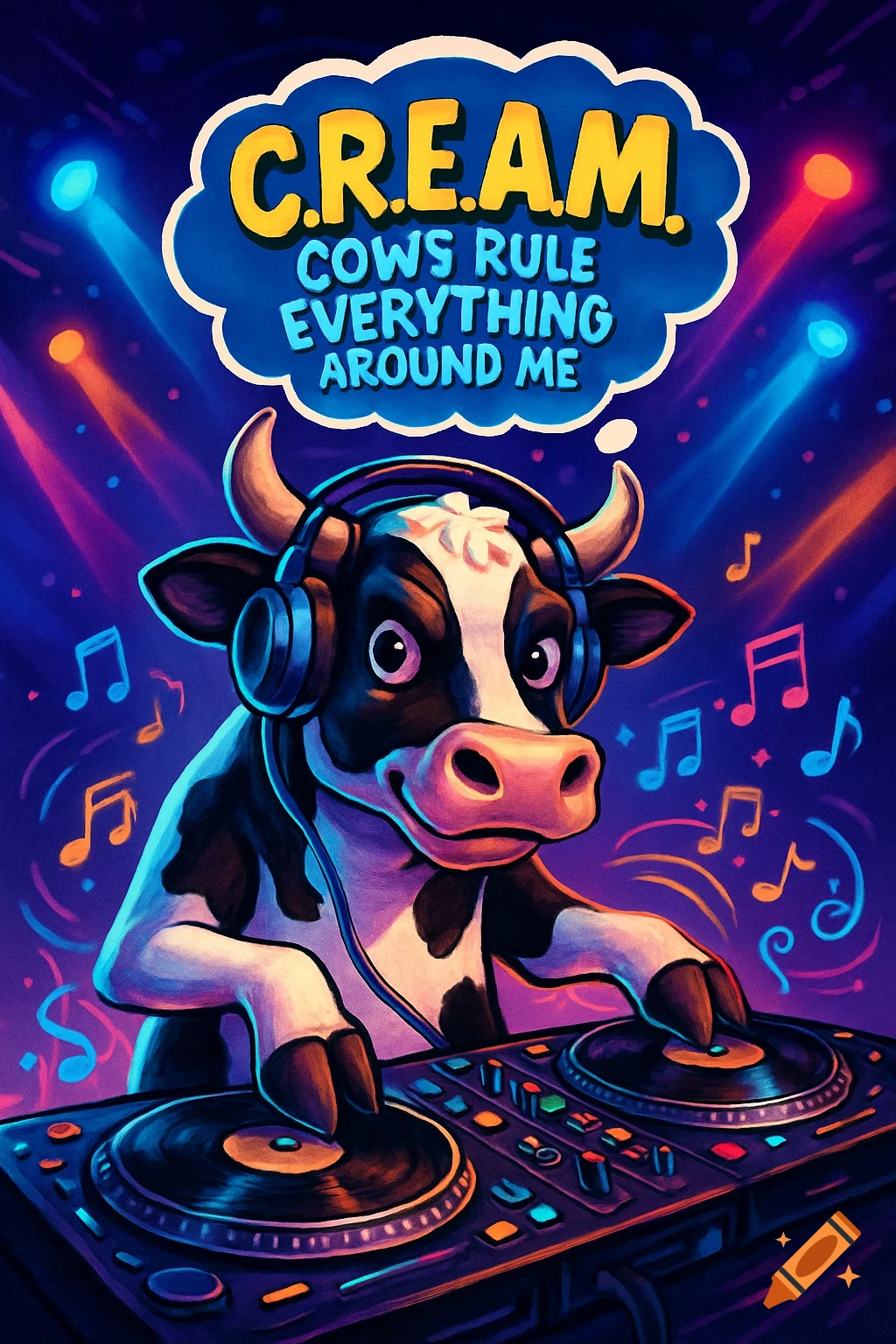 A cartoon cow wearing headphones DJs at turntables under colorful lights, with a thought bubble above that says "C.R.E.A.M. COWS RULE EVERYTHING AROUND ME."