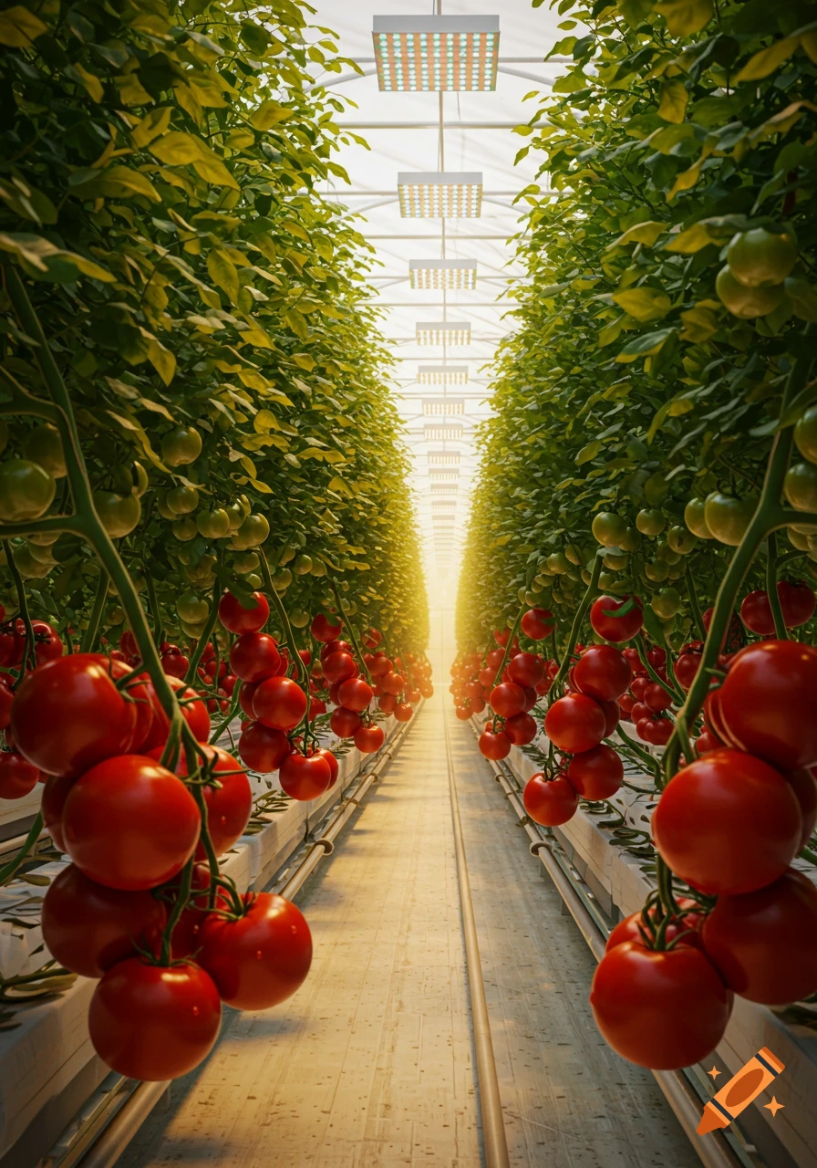 Rows of ripe red tomatoes grow in a brightly lit commercial greenhouse with overhead LED lights.