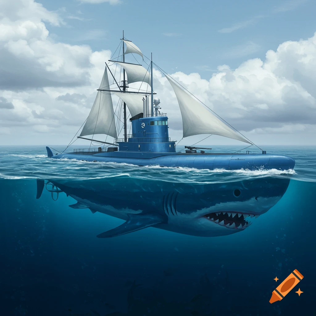 A blue submarine with sails, its hull shaped like a great white shark swimming under the water. Open ocean under a cloudy sky.