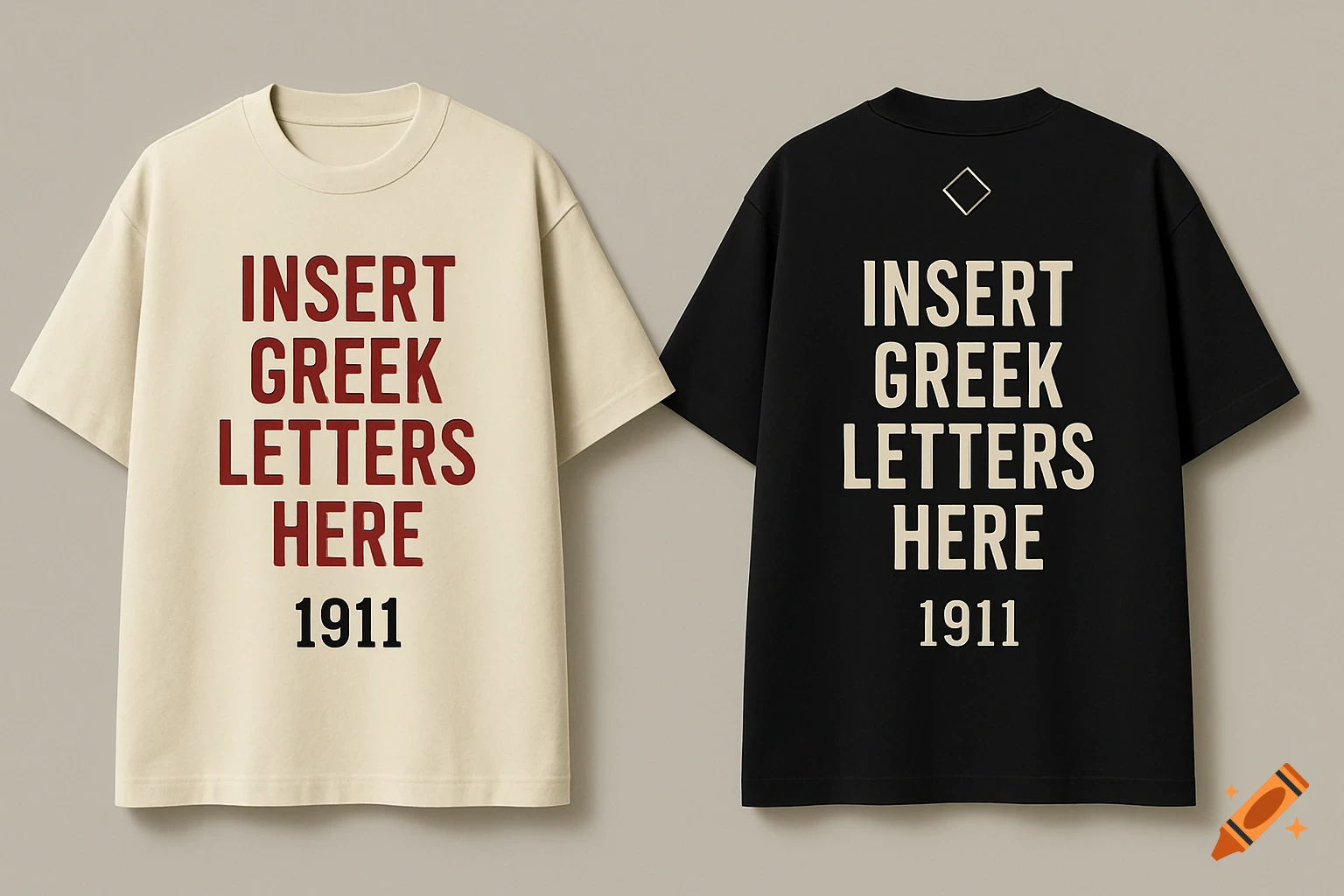 Two t-shirts, one cream and one black, both displaying 'INSERT GREEK LETTERS HERE' and '1911' text, in a minimalist style.
