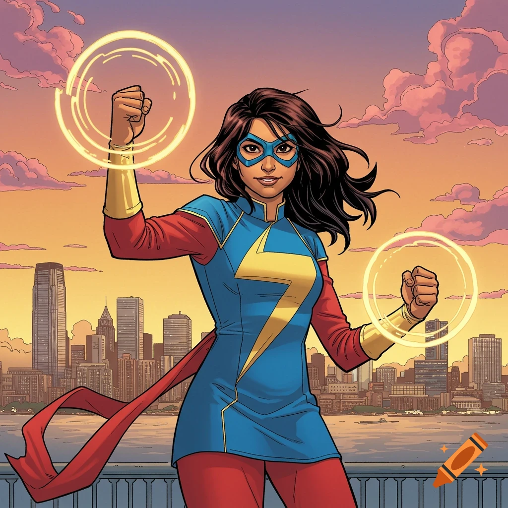 Kamala Khan in her Ms. Marvel costume stands empowered against a city skyline at sunset in a comic book art style.