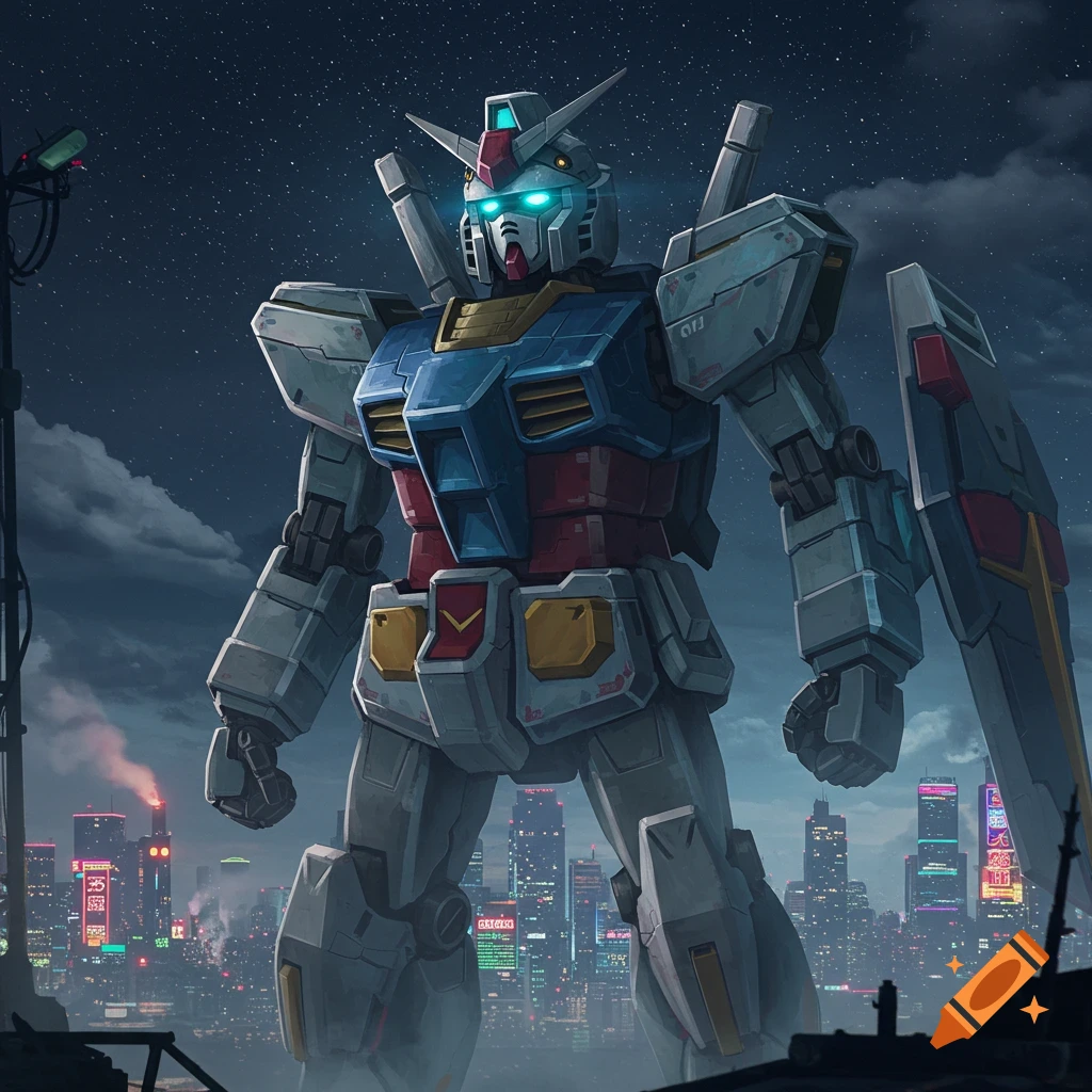 A giant Gundam-style robot with glowing blue eyes stands over a futuristic city at night under a starry sky.