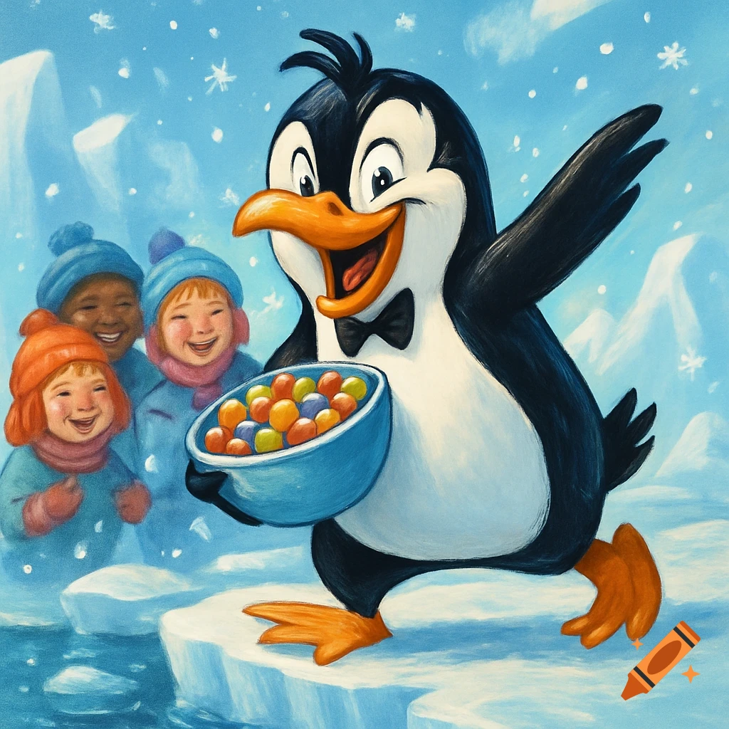 A cheerful cartoon penguin wearing a bow tie holds a bowl of colorful candies for three smiling children on an ice floe in a snowy landscape.
