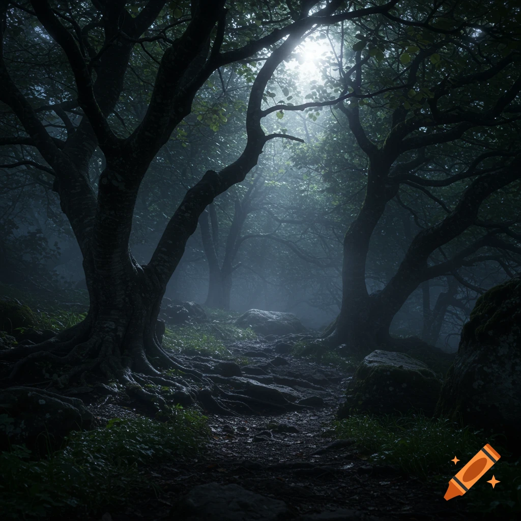 A dark, atmospheric forest path winding through gnarled trees and rocks, illuminated by a misty light filtering from above.