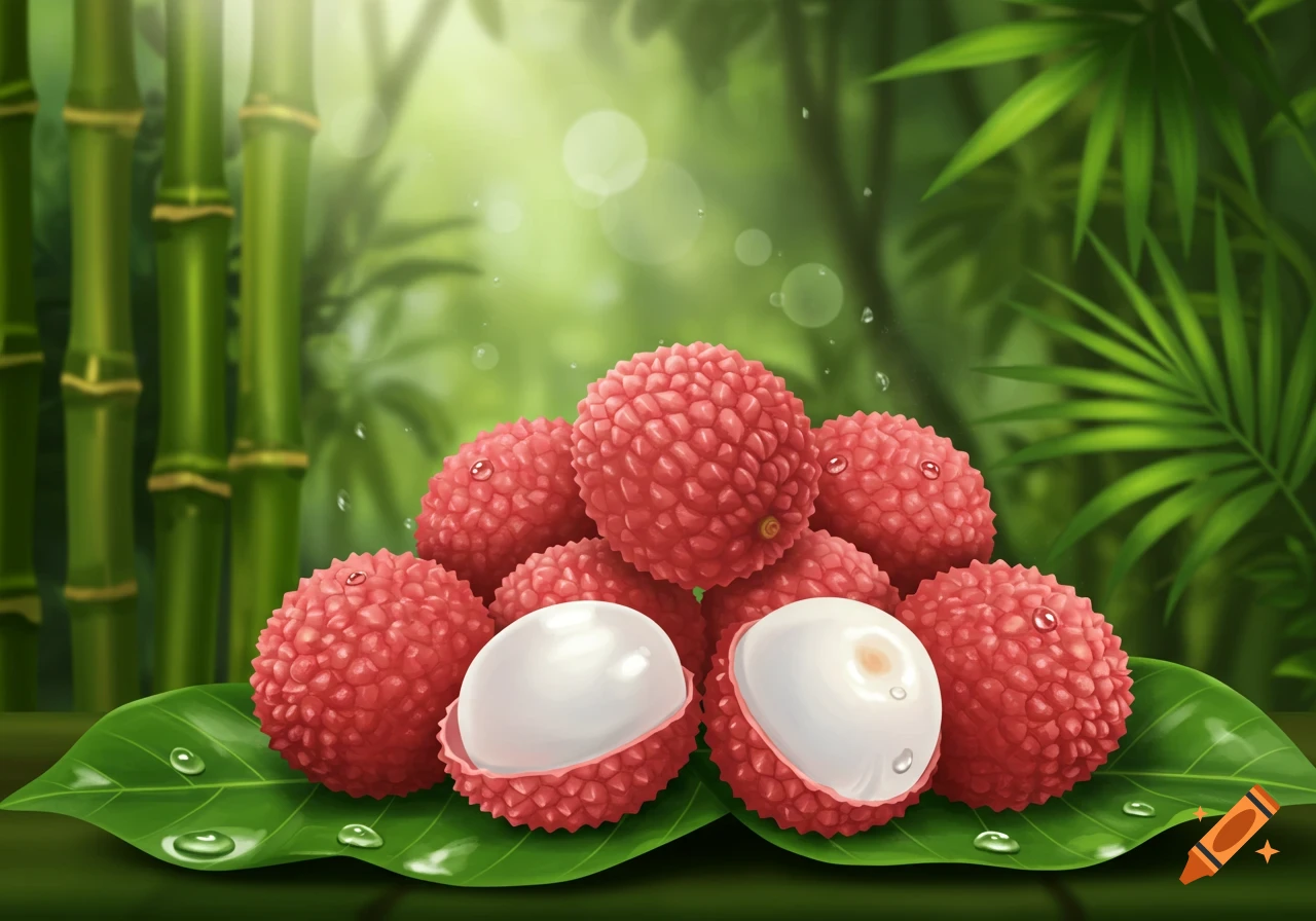 A vibrant illustration of red lychees, some peeled, on green leaves with water droplets, against a blurred background of bamboo and tropical plants.