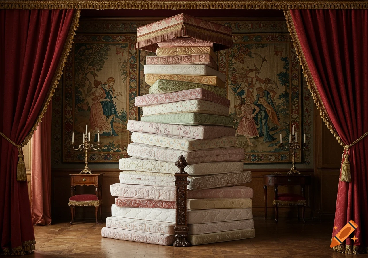 A very tall stack of colorful, patterned mattresses in a grand castle room with red drapes and ornate tapestries, photorealistic.