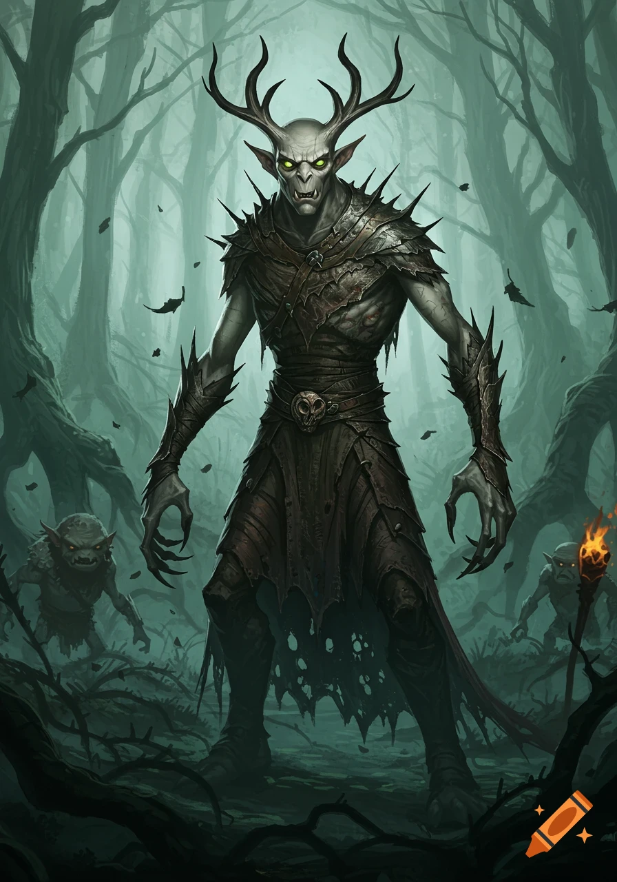 A dark fantasy illustration of a tall, horned, grey-skinned monster with glowing green eyes and sharp claws, standing in a misty, spiky forest with small goblins.