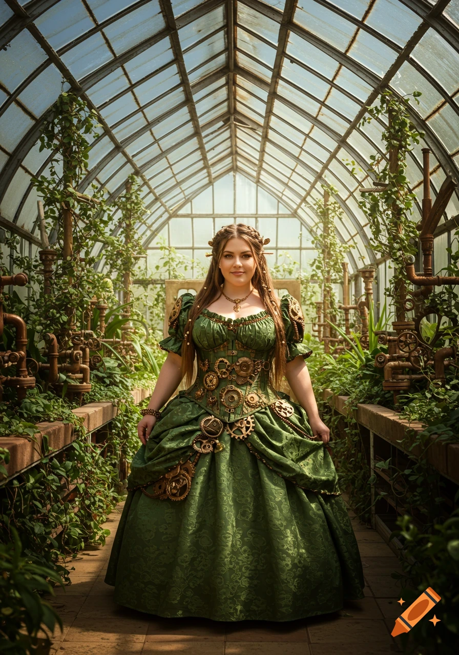 A smiling woman with long brown hair in a green steampunk princess dress stands in a lush greenhouse with machinery and plants.