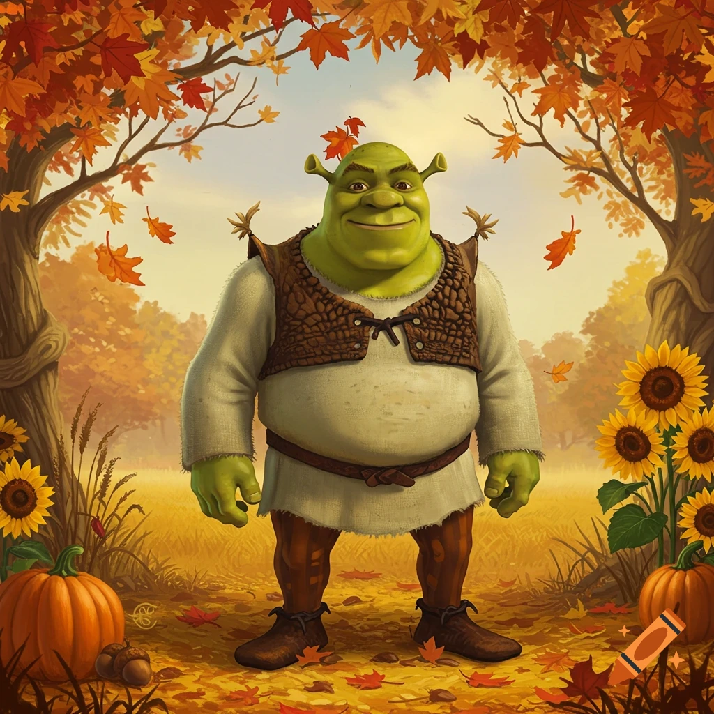 Shrek stands in a sunny autumn field surrounded by trees with orange leaves, pumpkins, and sunflowers.
