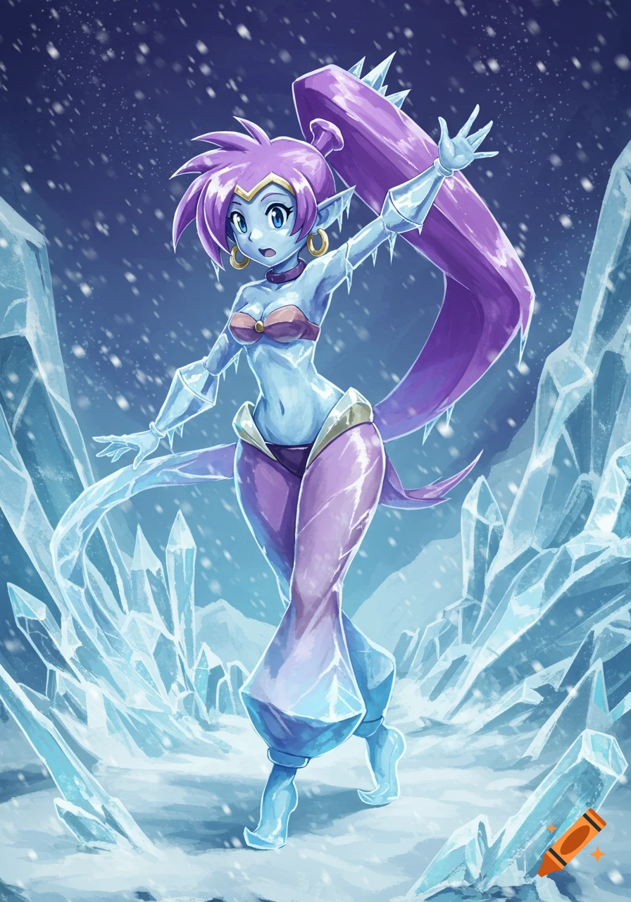 Anime character Shantae, transformed into a surprised, gleaming ice statue in a snowy, icy landscape.