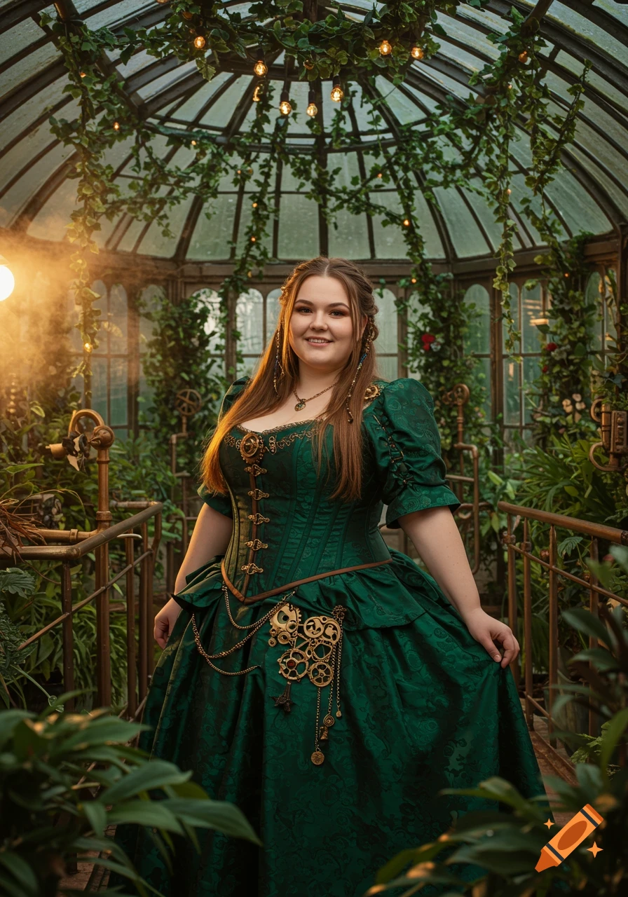 A smiling woman in a detailed green steampunk dress with mechanical adornments stands in a lush greenhouse with vines and hanging lights.