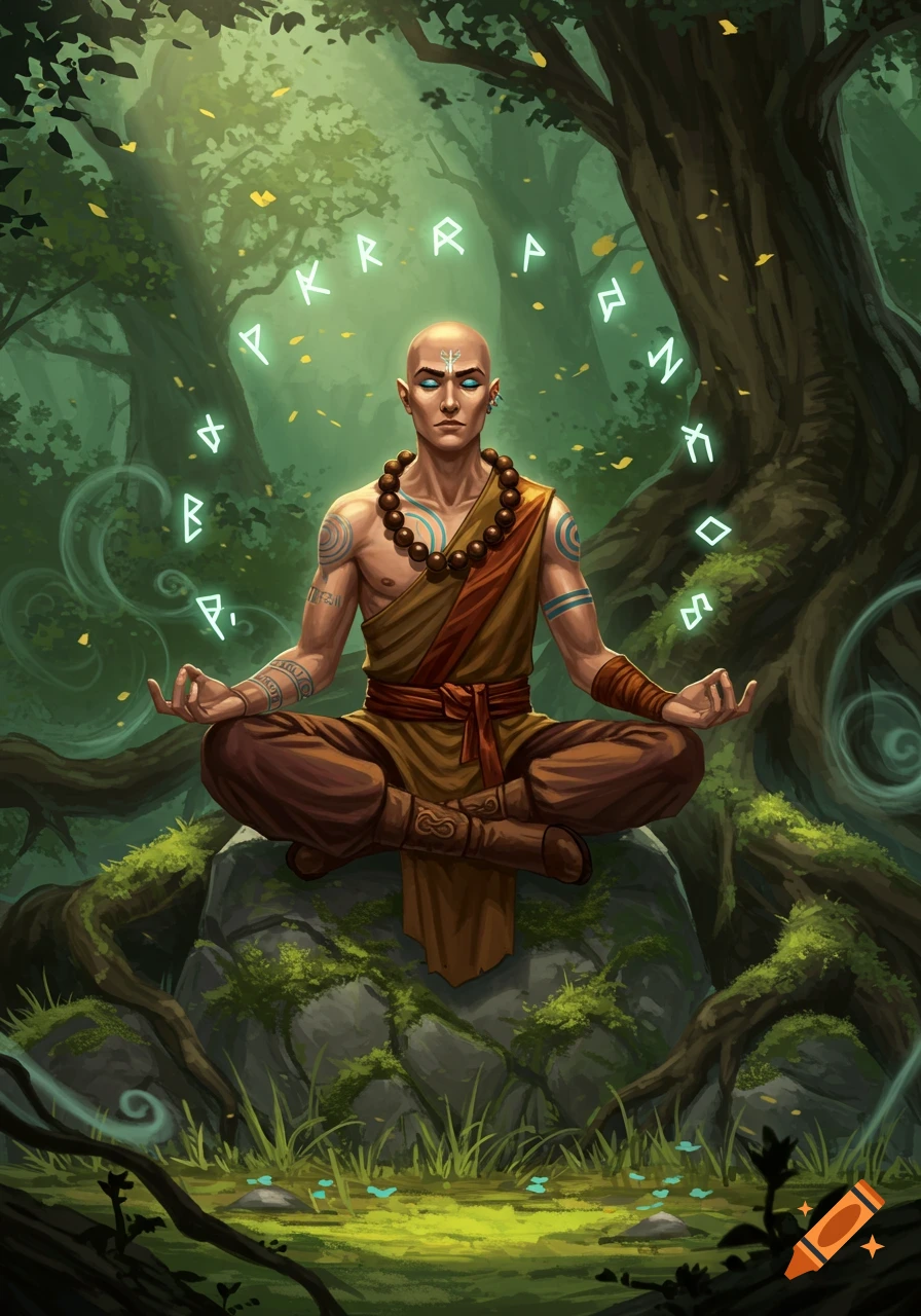A bald monk with tattoos and a prayer bead necklace meditates in a forest, surrounded by glowing runic symbols. Digital illustration.