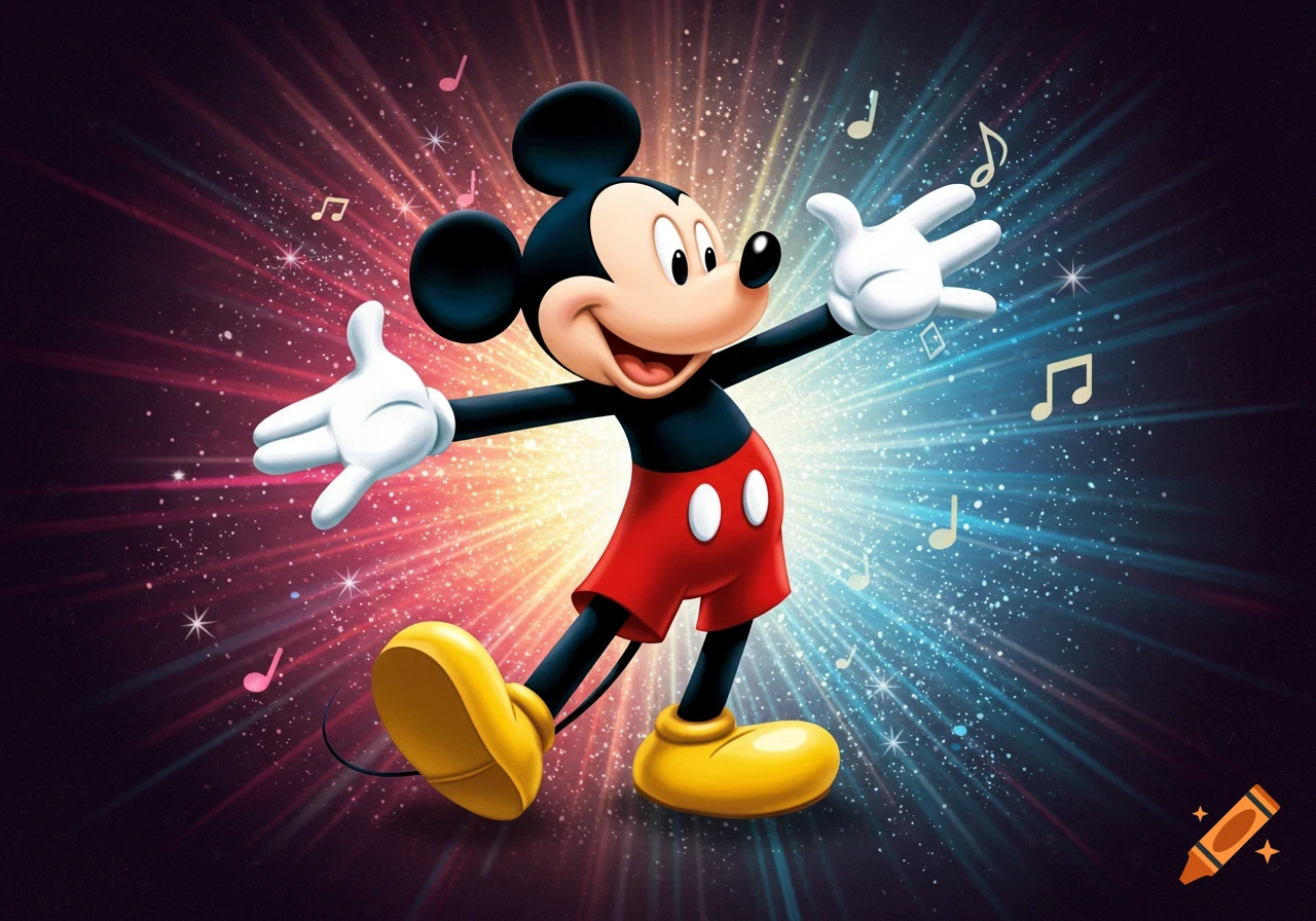 Mickey Mouse cartoon with arms outstretched in a vibrant, sparkling background with musical notes.