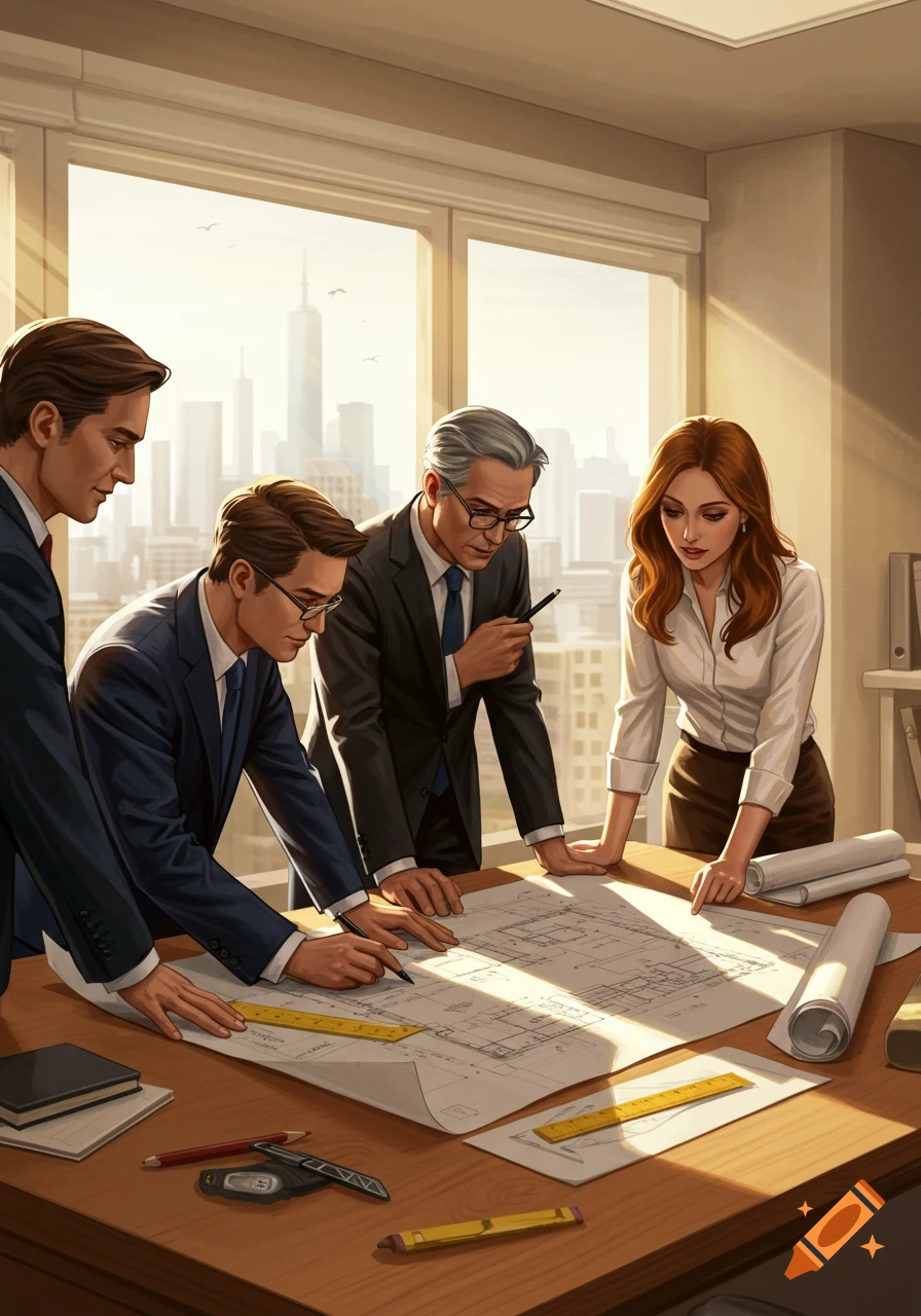Four business professionals, three men and one woman, review architectural blueprints on a desk in an office with a city view. Illustration.