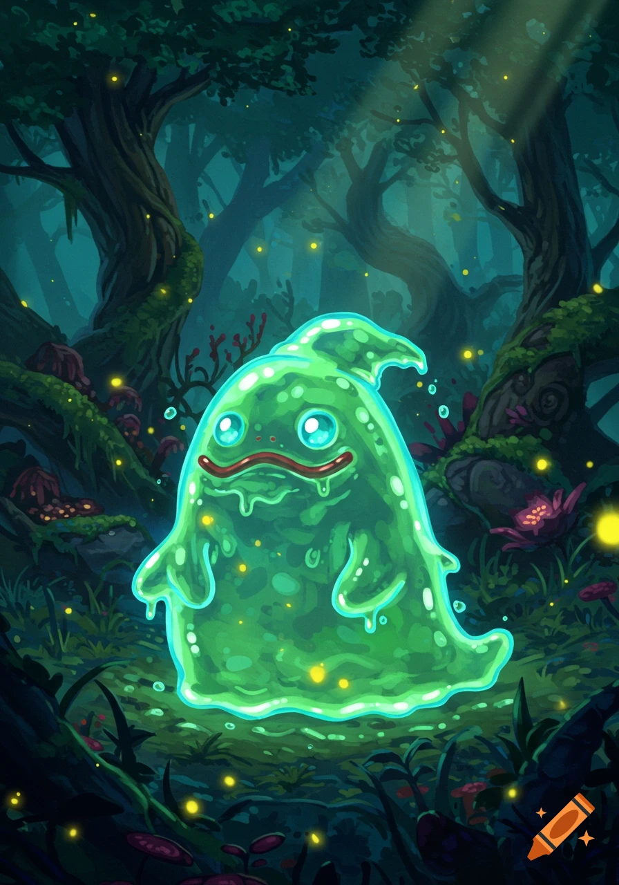 A glowing, translucent green blob creature with large blue eyes and a small red mouth stands in a dark, magical forest with fireflies.