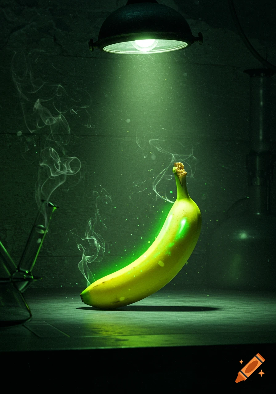 Photorealistic glowing green banana on a dark counter under a green spotlight, with smoke and particles in a mysterious lab scene.