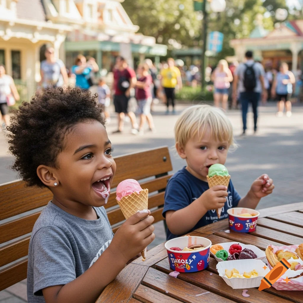 Two young boys, one with an afro and one blonde, happily eating ice cream and snacks at an outdoor table in a sunny park setting.