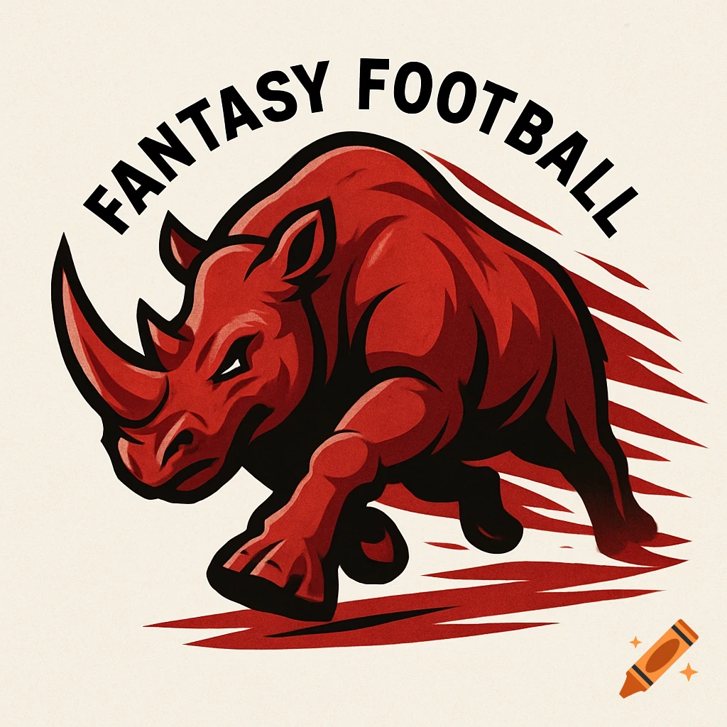 A stylized red rhinoceros charges forward, forming a sports team logo with the text "FANTASY FOOTBALL" above it.