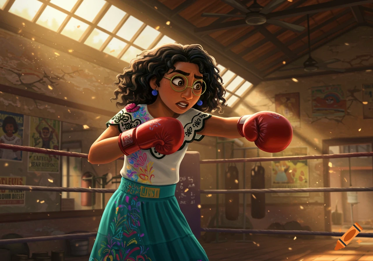 Mirabel Madrigal, a cartoon character, practices boxing in a sunlit gym, wearing red gloves and a teal skirt.
