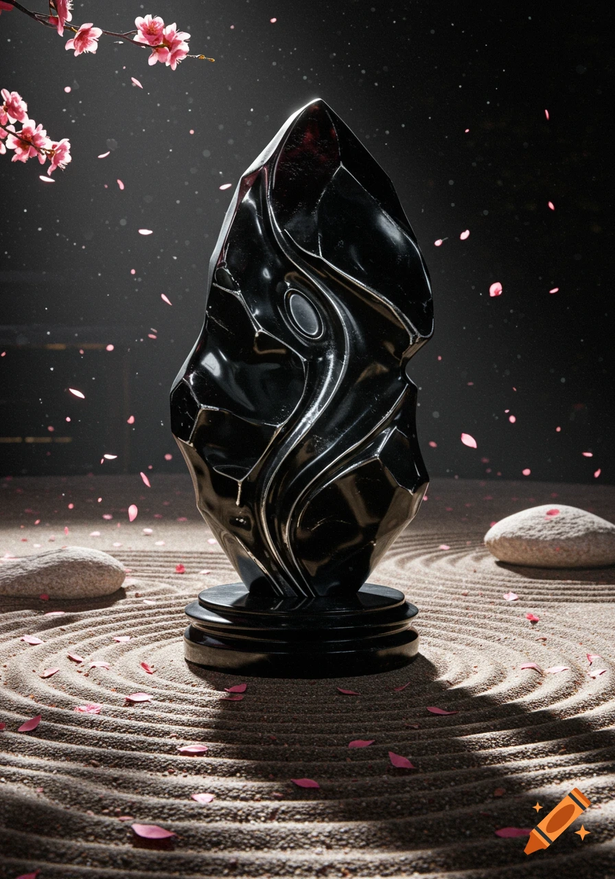 Dark, stylized obsidian sculpture in a zen garden with raked sand, stones, and falling pink cherry blossoms.