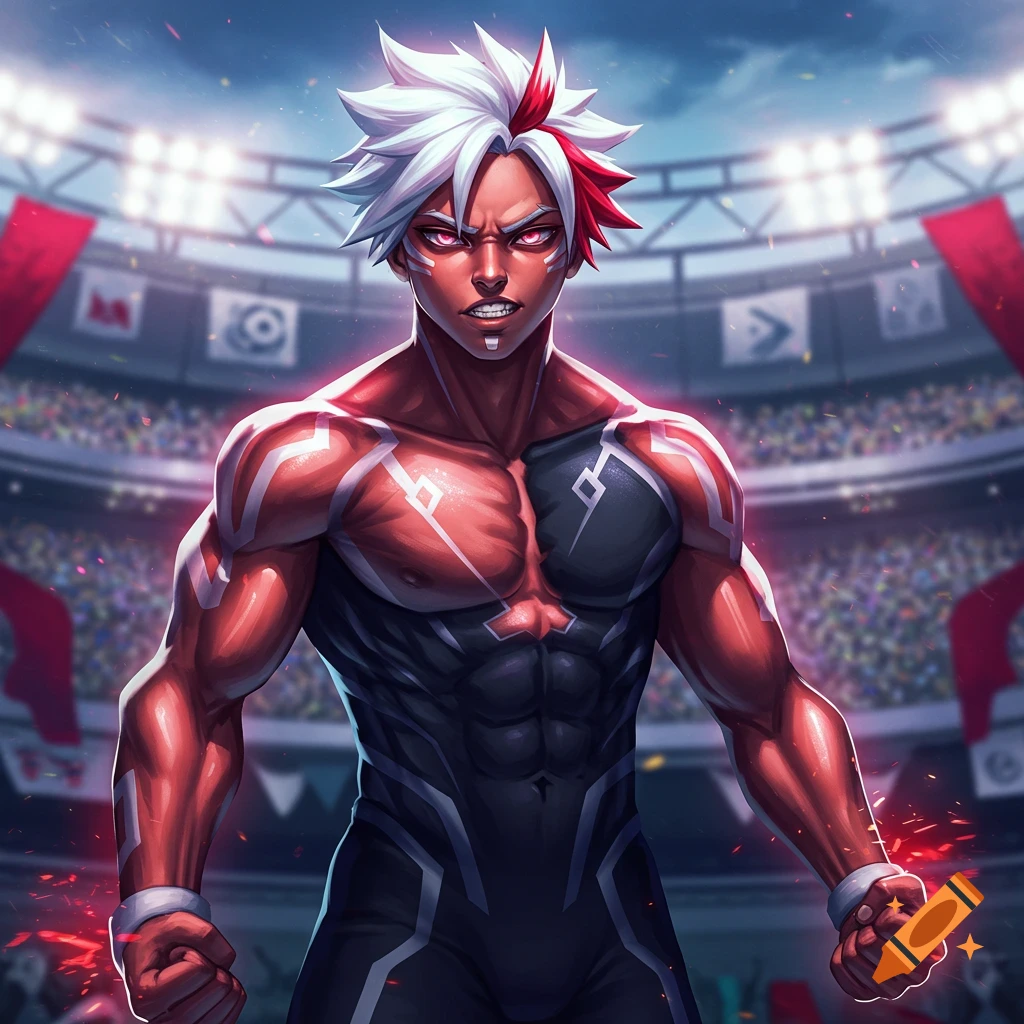 Anime character with white and red hair, glowing eyes, and red power markings, in a black and red suit, standing intensely in a stadium.