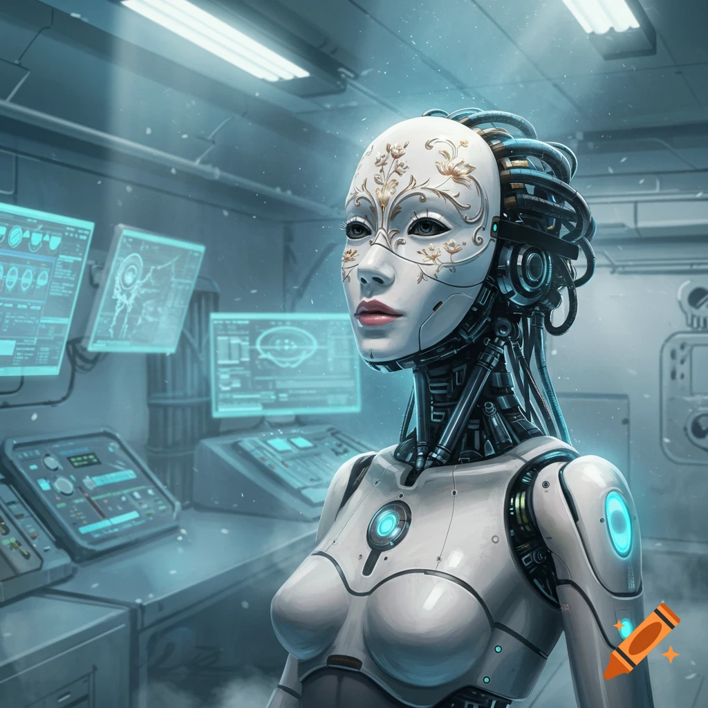 A detailed sci-fi image of a feminine robot with a white, ornate mask, standing in a futuristic lab with glowing screens.