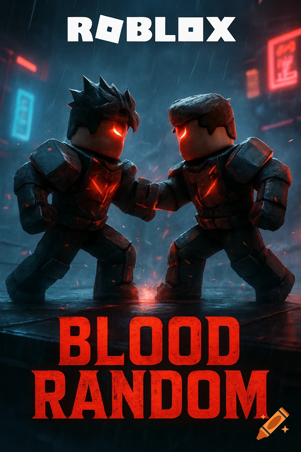 Roblox game cover with two armored characters with glowing eyes facing each other in a dark, rainy street. Text: ROBLOX, BLOOD RANDOM.