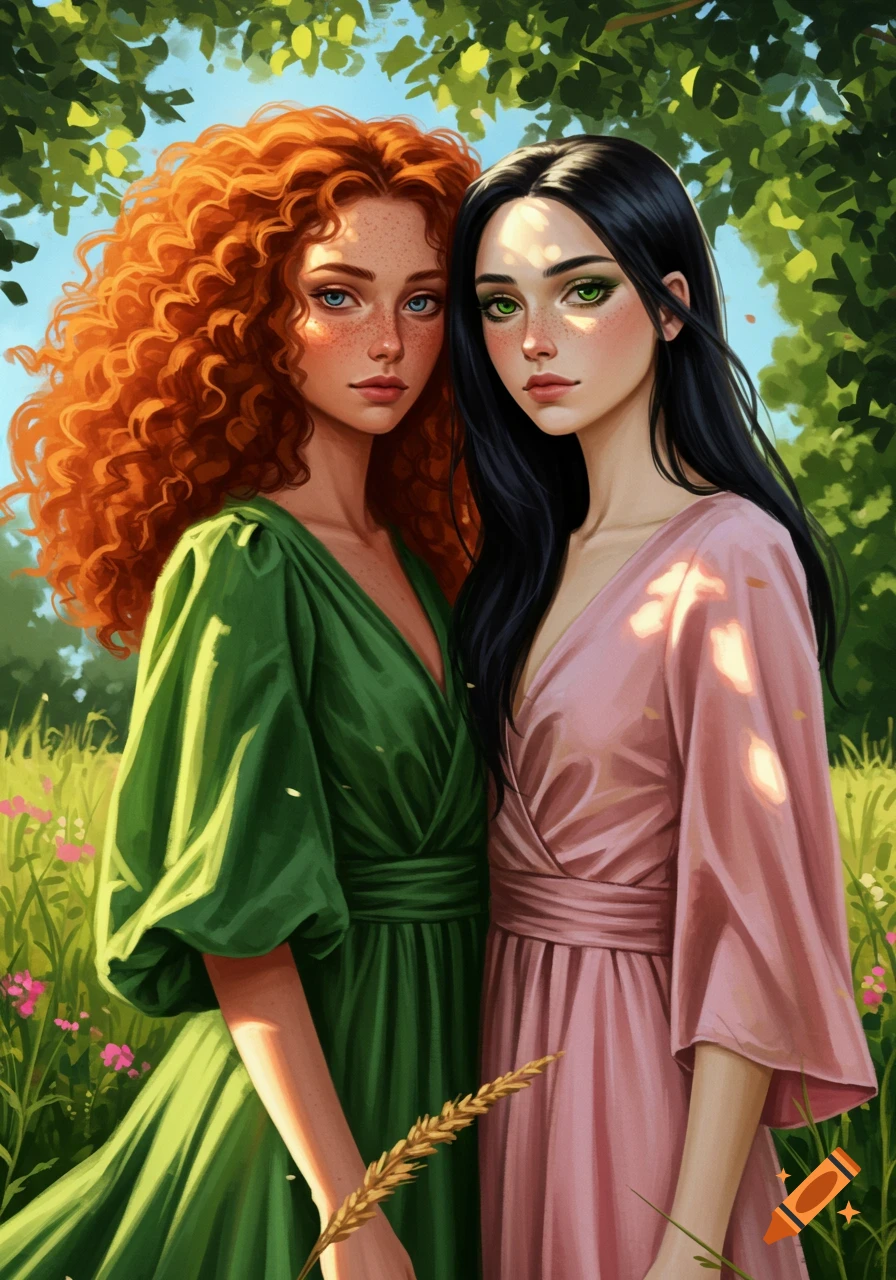 A stylized illustration of two women in a sunny field; one with red curly hair in a green dress, the other with black hair in a pink dress.
