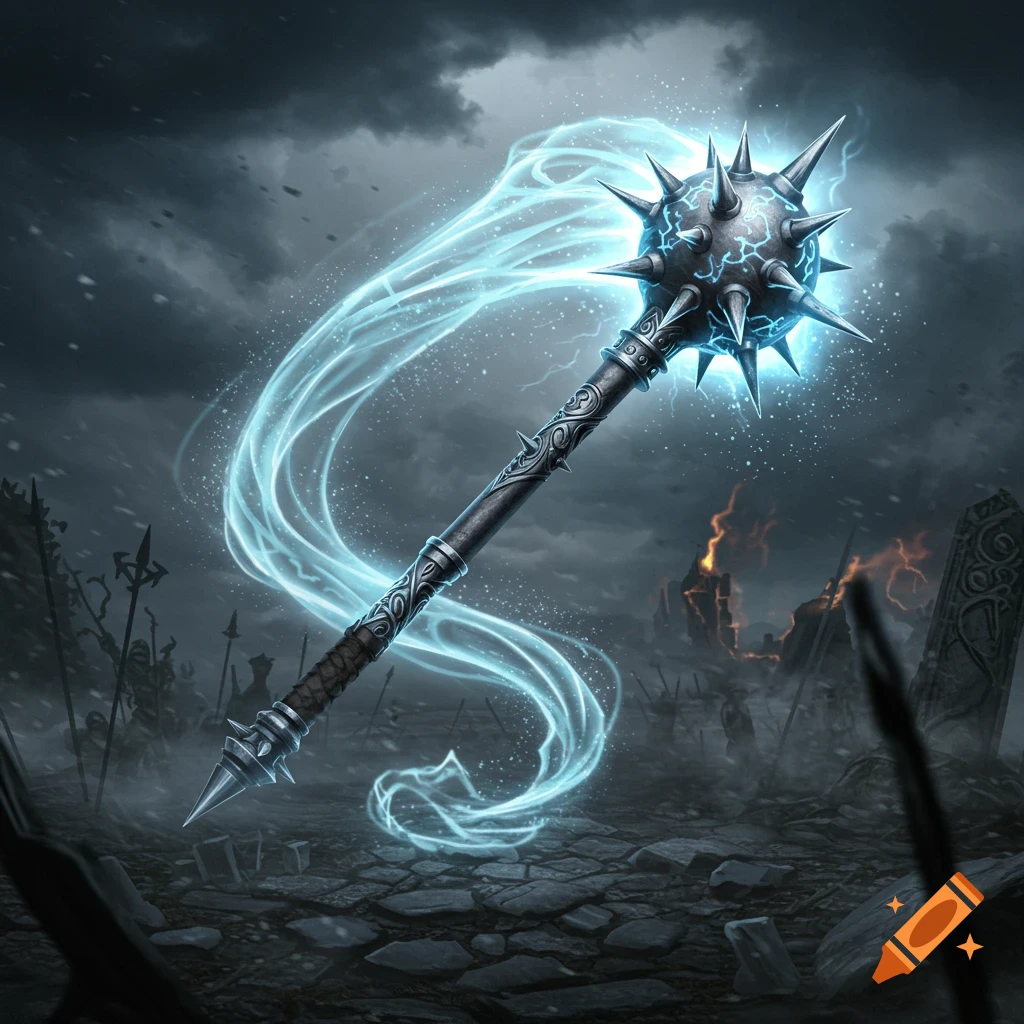 A spiked mace with glowing blue energy swirling around it, set against a dark, stormy battlefield with debris and distant fires.