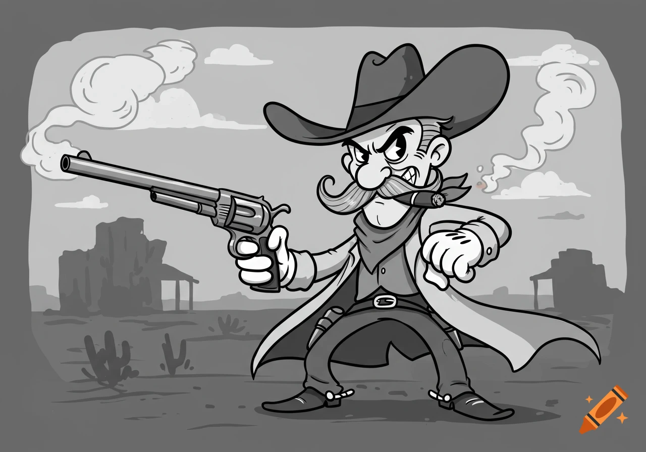 Black and white rubber hose style cartoon of a cowboy with a mustache smoking a cigar and holding a long-barreled revolver in a desert.