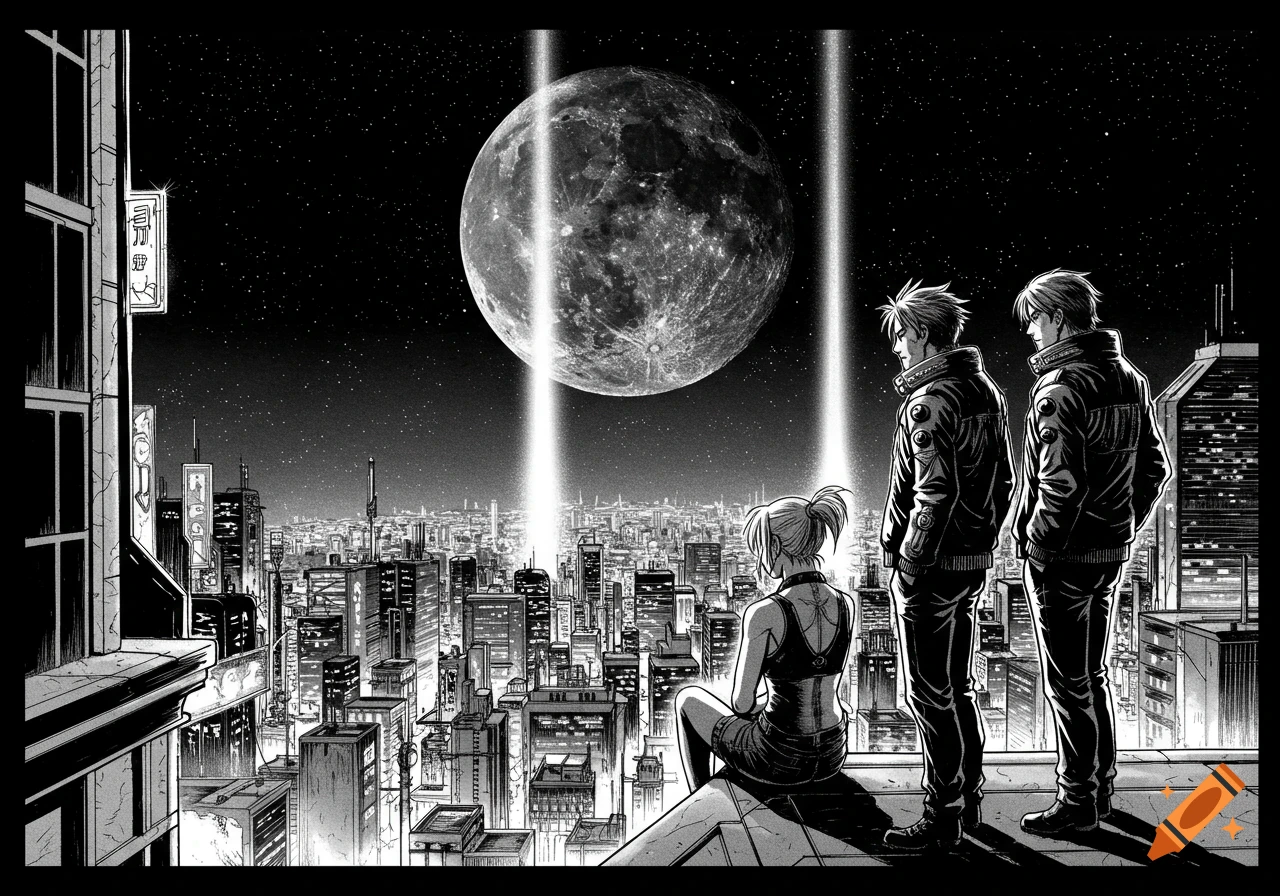 Black and white manga illustration of three people on a rooftop overlooking a cyberpunk cityscape with a huge moon in the sky.
