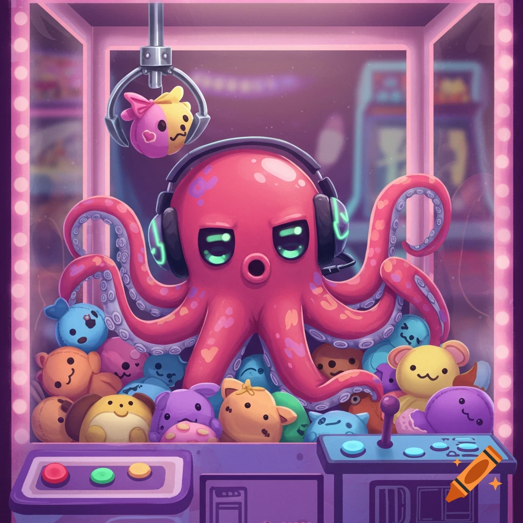 Cartoon pink octopus with headphones in a claw machine, surrounded by colorful plush toys, as a claw holds a plush above it.