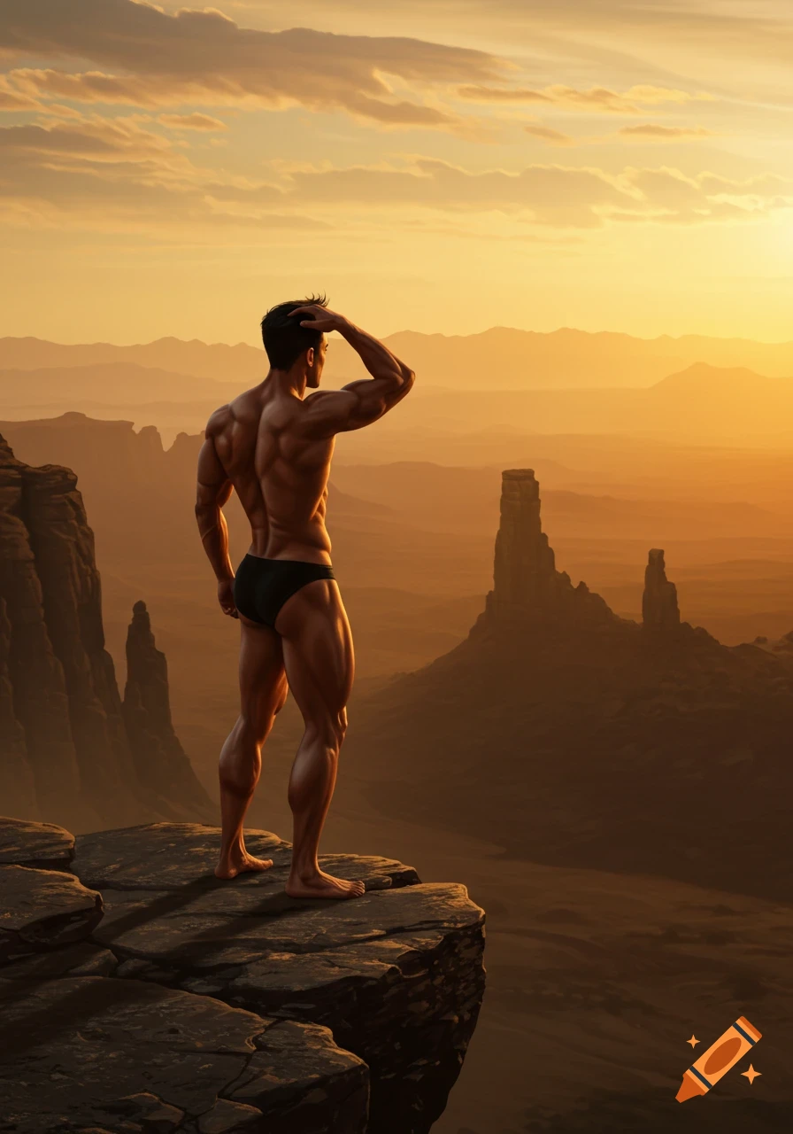 Muscular man standing on a cliff overlooking a vast desert landscape at sunset, seen from behind.