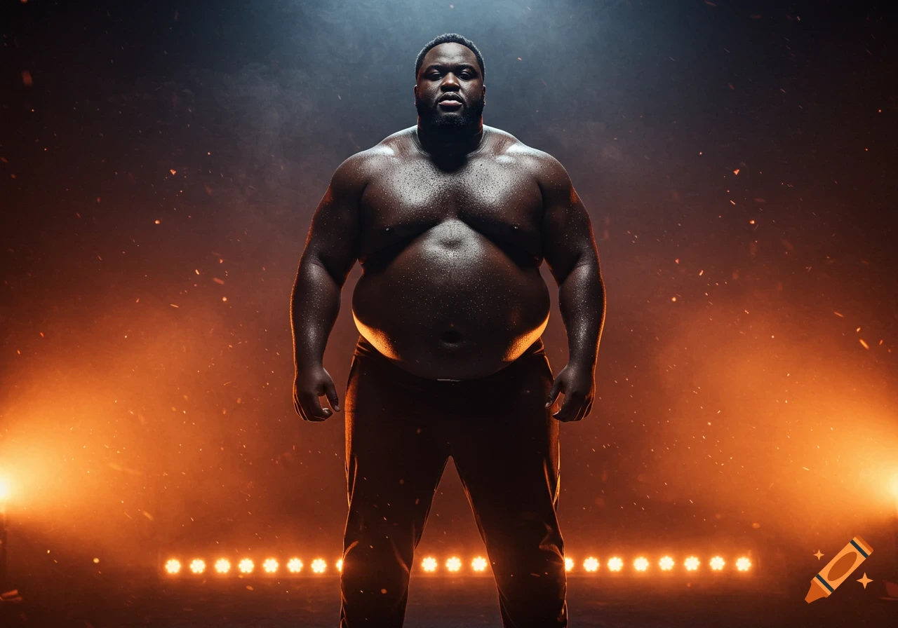 A powerfully built, perspiring black man stands front-and-center on a dramatically lit stage with orange lights and smoke.