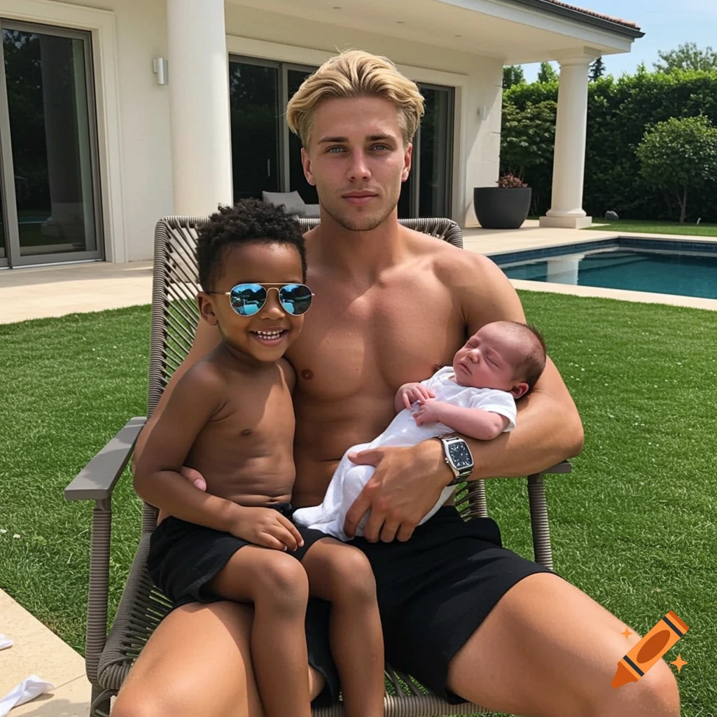 A shirtless man sits outdoors in a backyard with a smiling child in sunglasses on his lap and a sleeping newborn baby in his arms, by a pool.